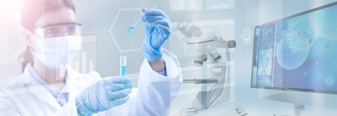 scientist holding a test tube in a scientific background, 3d illustration