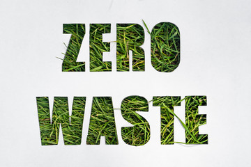 zero waste paper text with green grass on white background. lettering. ecology concept - obrazy, fototapety, plakaty