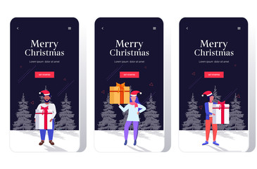 mix race people in santa hat holding gift present box merry christmas happy new year holidays celebration concept smartphone screens set online mobile app full length sketch horizontal vector