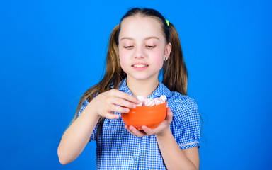 Who cares about diet. Sweet and soft. Sweet tooth concept. Calorie and diet. Girl smiling face hold...