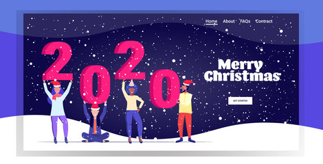 mix race people in santa hats holding number 2020 celebrating corporate party merry christmas happy new year winter holidays celebration concept greeting card full length horizontal vector