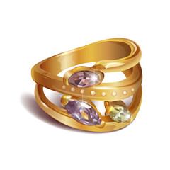 Vector illustration. Gold ring with precious stones Topaz, chrysolite, amethyst, beryl, morganite and diamonds.