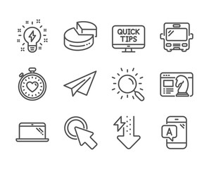 Set of Technology icons, such as Paper plane, Inspiration, Ab testing, Laptop, Pie chart, Heartbeat timer, Seo strategy, Energy drops, Click here, Web tutorials, Bus, Search line icons. Vector