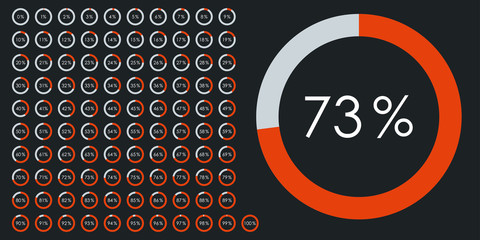 Percentage pie chart set. Circle diagram graph. From 1 to 100 percent progress. UI graphic icons for loading or download. Vector illustration.