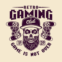 Retro gaming club vector with bearded gamer skull