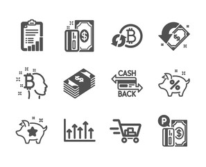 Set of Finance icons, such as Bitcoin think, Payment, Shopping cart, Loyalty points, Parking payment, Checklist, Cashback, Usd currency, Refresh bitcoin, Growth chart, Loan percent. Vector