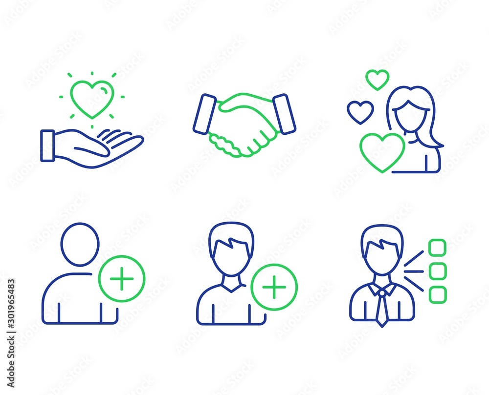 Poster add user, handshake and hold heart line icons set. love, add person and third party signs. profile s
