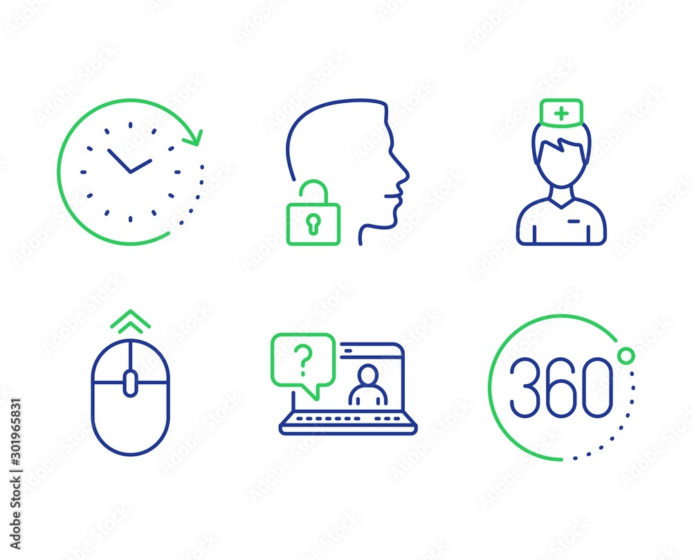Poster unlock system, faq and time change line icons set. swipe up, doctor and 360 degrees signs. access gr