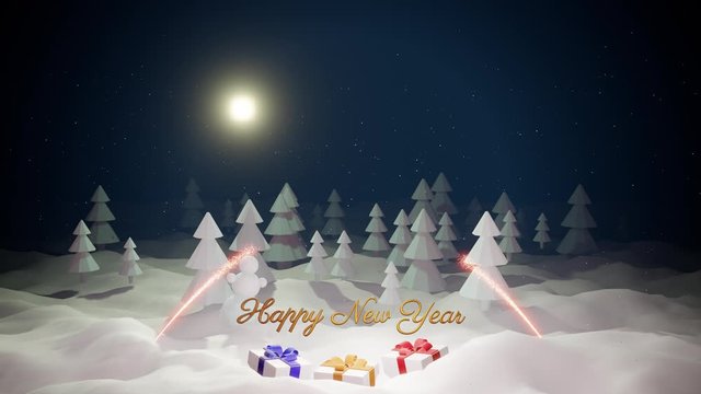 3d magical cartoon of Christmas tale with magnificent shiny inscription Happy New Year and christmas gifts in winter forest with snowdrifts, snowfall, moon and beautiful fireworks in night forest. 28