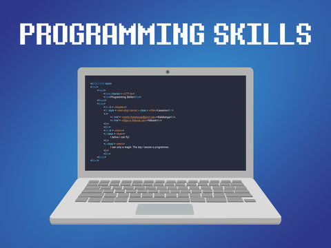 Programming language with laptop and code script on screen vector illustration