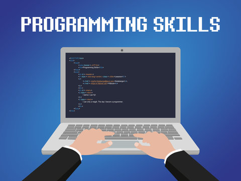 Programming language HTML with example code on screen text.