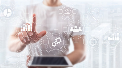 Business process abstract diagram with gears and icons. Workflow and automation technology concept.