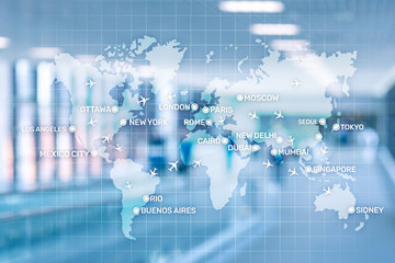 Fototapeta na wymiar Aviation wallpaper with planes over the map with major city names. Digital map with planes around the world concept.