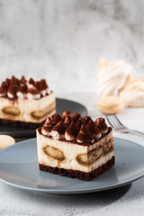Tiramisu - Classical dessert with mascarpone and coffee. Delicious Tiramisu cake on a darck plate on a light marble background. Vertical photo.