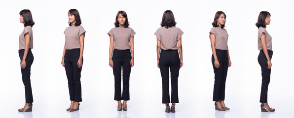 Collage Group Pack of Fashion Young Mother Indian / Asian Woman black hair beautiful make up purple dress black pants stand pose snap 360 body full length. Studio Lighting white Background isolated