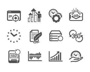 Set of Science icons, such as Time, Column diagram, Time management, Seo targeting, Augmented reality, Feather signature, Recovery ssd, Recovery server, Employee results, Graph chart. Vector