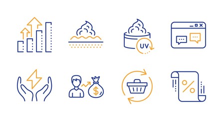 Browser window, Safe energy and Analysis graph line icons set. Sallary, Uv protection and Refresh cart signs. Skin care, Loan percent symbols. Website chat, Thunderbolt. Business set. Vector