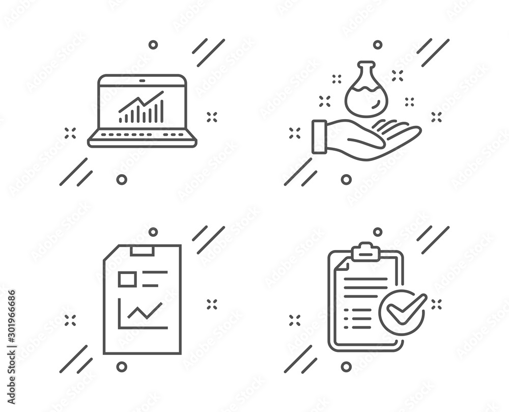 Poster chemistry lab, online statistics and report document line icons set. survey checklist sign. laborato
