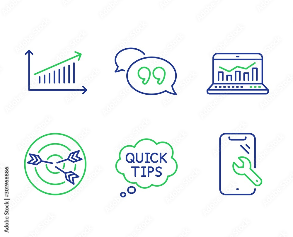 Poster targeting, quick tips and chart line icons set. web analytics, quote bubble and smartphone repair si