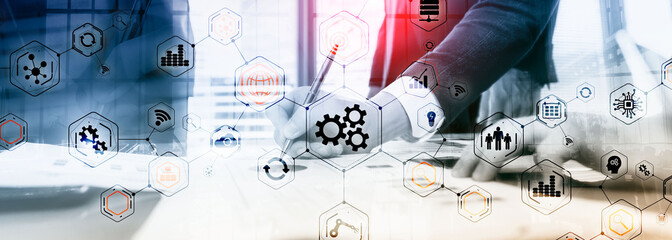 Gears icons engineering manufacturing automation innovation structure abstract concept.