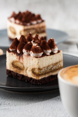 Tiramisu - Classical dessert with mascarpone and coffee. Delicious Tiramisu cake on a darck plate on a light marble background. Vertical photo.