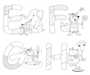 English alphabet. ABC. Coloring book. Coloring page. Cute and funny cartoon characters isolated on white background