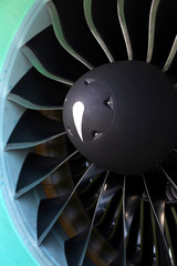 Modern turbofan (fanjet) airplane engine. Airbreathing jet engine, closeup