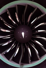 Modern turbofan (fanjet) airplane engine. Airbreathing jet engine, closeup