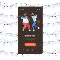 fat and thin girls at ice-skating rink having fun merry xmas new year winter holidays concept smartphone screen online mobile app christmas lights background full length copy space vector illustration