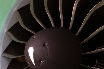 Modern turbofan (fanjet) airplane engine. Airbreathing jet engine, closeup