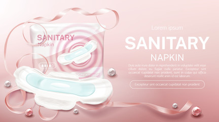 Sanitary napkins package mock up banner. Feminine hygienic pads pack, protective product with wings, four drops day time, advertising poster pink background with pearls and bow Vector 3d illustration © vectorpouch