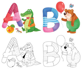 English alphabet. ABC. Coloring book. Coloring page. Cute and funny cartoon characters isolated on white background