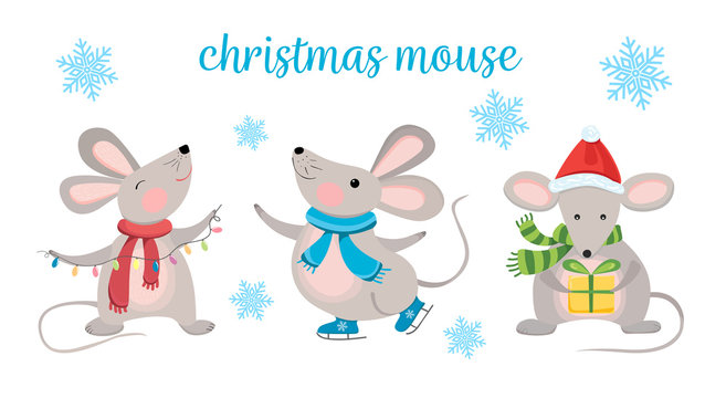Christmas vector set with the mouse. Ice skating mouse, mouse with  Christmas lights, mouse with yellow gift.