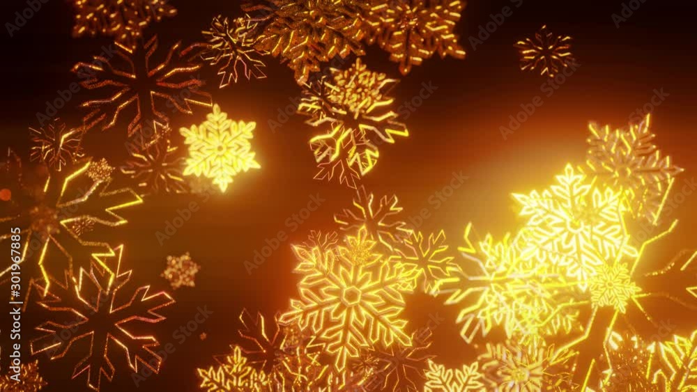 Poster 3d golden christmas background with bokeh and depth of field of shiny toy snowflakes hanging in the 