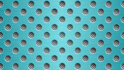 Abstract metal background with round holes in light blue and gray colors