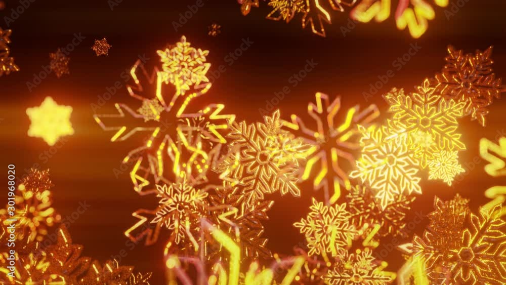 Poster 3d golden christmas background with bokeh and depth of field of shiny toy snowflakes hanging in the 