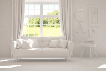 Mock up of stylish room in white color with sofa and green landscape in window. Scandinavian interior design. 3D illustration