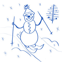 Merry snowman with Christmas decorations, blue lineart. Winter illustration for children, decoration and other design. Isolated on white background.