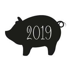 2019 Happy New Year of a black pig, pig silhouette with numbers isolated on white background