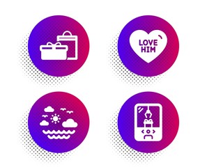 Gifts, Love him and Travel sea icons simple set. Halftone dots button. Crane claw machine sign. Birthday boxes, Sweetheart, Summer holidays. Attraction park. Holidays set. Vector