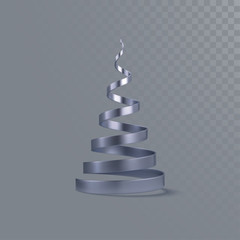 Abstract Christmas tree isolated on transparent background. Vector 3d illustration. Festive decoration element. Silver ribbon. Helix shape