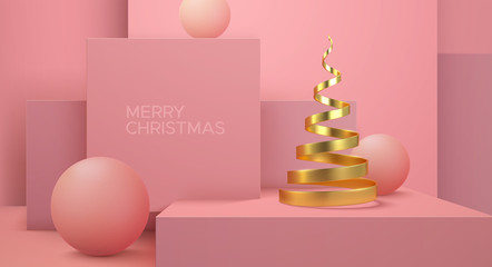 Merry Christmas. Vector holiday illustration. Geometric 3d primitives concept. Minimal style abstract composition. Golden helix and spheres shapes. Greeting card design