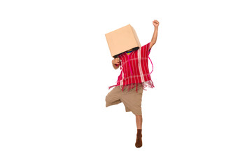 Young boy over isolated white background holding a box to move it to another,brown box