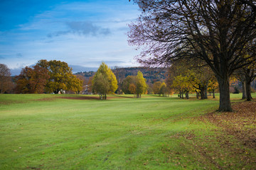 Obraz premium Colorful autumn park. Autumn trees with yellow leaves in the autumn park. North Inch, Perth, Scotland