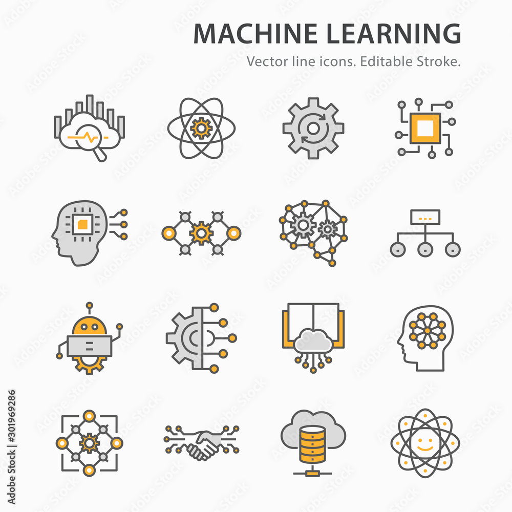 Poster machine learning line icons set. vector illustration. editable stroke.