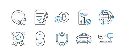 Set of Technology icons, such as Approved agreement, Taxi, Report, Eco energy, Scroll down, Ranking star, 360 degrees, Smartphone protection, Refresh bitcoin, Internet chat line icons. Vector