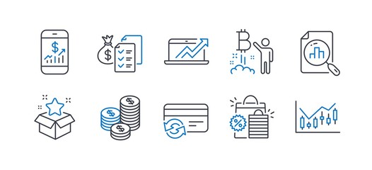 Set of Finance icons, such as Loyalty program, Coins, Bitcoin project, Sales diagram, Change card, Shopping bags, Analytics graph, Mobile finance, Accounting wealth, Financial diagram. Vector