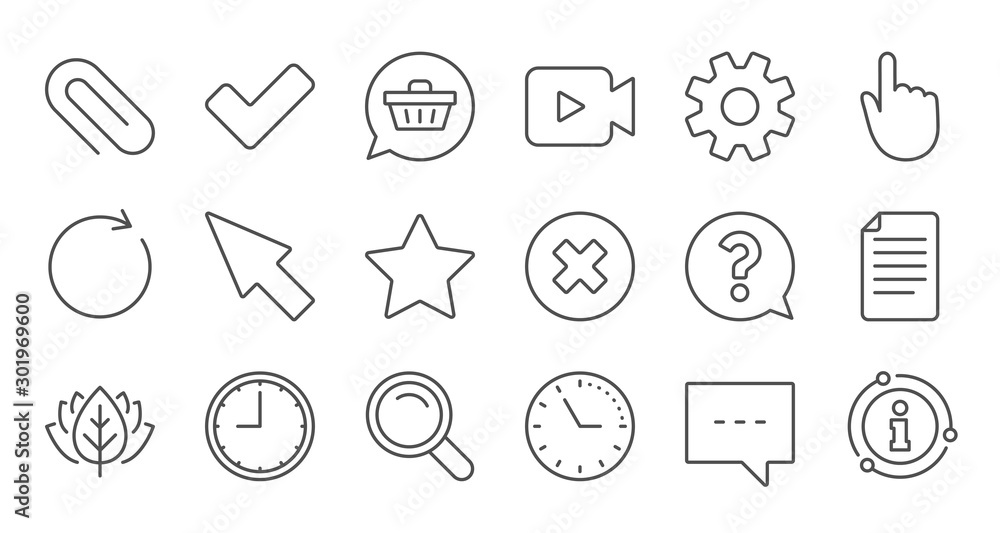 Poster document, time and question mark line icons. search, video camera and check mark. linear icon set. q