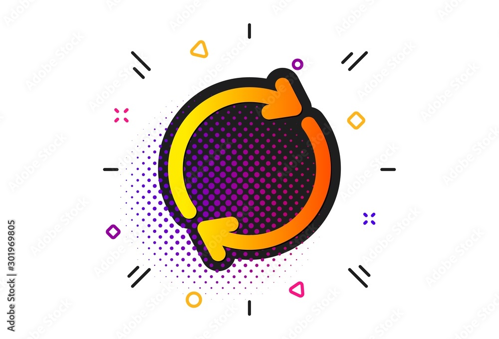 Poster rotation arrow sign. halftone circles pattern. refresh icon. reset or reload symbol. classic flat fu