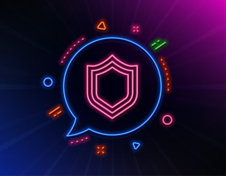 Shield line icon. Neon laser lights. Protection or Security sign. Defence or Guard symbol. Glow laser speech bubble. Neon lights chat bubble. Banner badge with security icon. Vector
